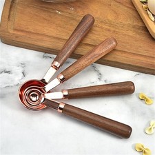 Copper-Plated Measuring Set with Walnut Handles, Stainless Steel Spoons & Cups