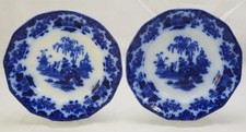 Pair of Antique Flow Blue Staffordshire Alcock 10 Inch Scinde Plates 1850