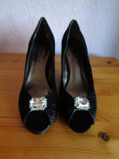 Court Shoe Lunar Elegance Size 39/6 Black Ruched Satin Effect Peep Toe Jewelled