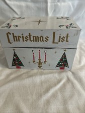 Vintage Christmas List Recipe File Box Tin Trees Candelabra