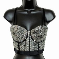 ALIVILA Y BLACK SILVER SEQUIN CORSET BUSTIER RETRO 80s 90s STYLE RETRO GLAM M
