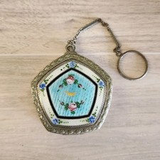 Antique Art Deco  Guilloche Turquoise Enamel Compact Mirror Vanity Finger Ring