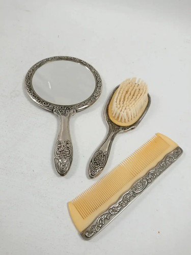 Vintage silver tone vanity set - tone,