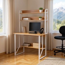 Oak Computer Desk with Shelves for Home Office Work Station Square Steel Tube
