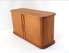 Vintage MCM Floating Teak Wood Cabinet w/ Tambour Doors By Kalmar Designs