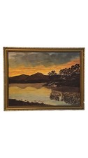 Vintage Framed Oil Painting “Sunset Derwentwater” Lake Scene Wall Art Decor