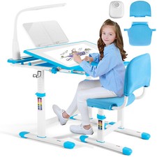 Height Adjustable Kids Study Desk Chair Set Table w/Lamp,Drawer,Chair Cover Blue