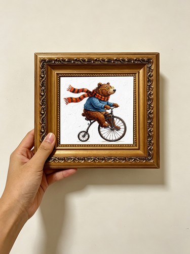 Bear riding penny farthing - farthing, oil