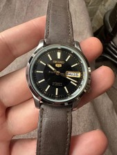 Vintage Seiko 5 Automatic 21 Jewels Black Dial Brown Leather Strap 7S26-01H0