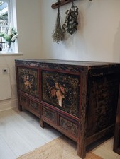 Antique Chinese Qing Dynasty 19th-Century Hand-Painted Elm Chest / Cupboard