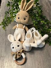 Baby Gift Crochet handmade Rabbit Teddy Bear Booties Rattle Wood White Christmas