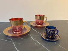 Set of 2+1 Antique Moser Cranberry & Cobalt Glass Cup Saucer Enamel Gold Trim