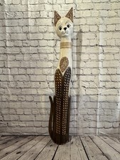 100cm Brown White Flower Wooden Shabby Cat Statue Ornament Fair Trade Handcarved