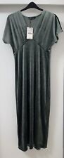 ZARA GREEN SHORT SLEEVES V-NECK FITTED WAIST MIDI VELVET DRESS SIZE L BNWT