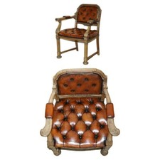 VERY FINE RESTORED ANTIQUE CHESTERFIELD WILLIAM IV OAK BROWN LEATHER DESK CHAIR