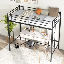 Metal Loft Bed Frame with Safety Guardrail Dual Ladders Space Saving Design