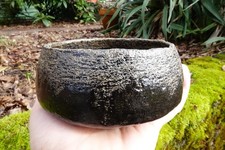 Early 20th C Japanese Black Kuro Raku Chawan - hira-gata, warikodai, wabi-sabi