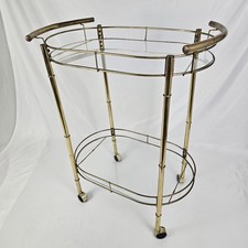 Mid-Century Tea Drink Cart Trolley Gold Metal 2 Glass Tier Hollywood Regency Vtg