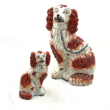 Antique Staffordshire Dog Figurines 10” & 5.5" Red & White Spaniels