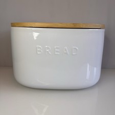 Ceramic Bread Bin Crock Dunelm White Embossed Wooden Lid Kitchen Storage Jar VGC