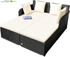 Outdoor Rattan Daybed, Patio Loveseat Sofa Set W/Comfortable Cushions, Extra Pil