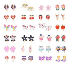 24 Pairs Girls Fake Non-Piercing Flower Clip On Earrings Sets Children Dress Up.
