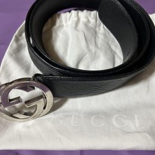 GUCCI Interlocking GG Leather Belt Black Silver Buckle Women Men Authentic