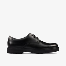 Clarks Boys Loxham Derby Youth Black Leather School Shoes,Lace Up Leather School