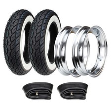 Whitewall tires set 2x 3.50-10 2x chrome rims for Piaggio Vespa APE 50 200 Cosa