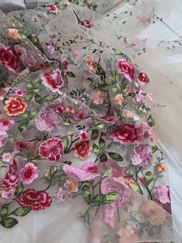 Pink floral lace fabric sold - pink,