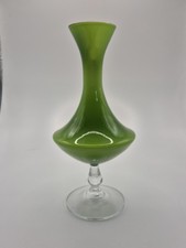 Mid Century Empoli Green Glass Vase Clear Stem Pedestal 8" Retro Décor Opaline