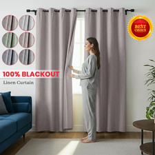 Linen Thermal Blackout Curtains Ready Made Eyelet Ring Top Curtain Pair Tiebacks