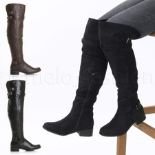 WOMENS LADIES LOW HEEL FLAT OVER THE KNEE THIGH HIGH BIKER RIDING BOOTS SIZE
