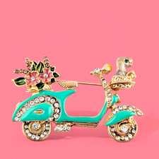 VESPA SCOOTER BROOCH w/ puppy dog & flowers crystal enamel motor bike pin G2