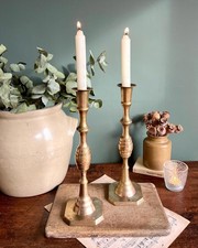 Vintage Aged Brass Tall Pair of Candlesticks