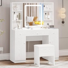 Vanity Desk Set w/ Large LED Mirror & Power Outlet, Makeup Table w/ 7 Drawers &