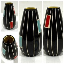 Vintage West German Pottery Vase Black Multicoloured Mid Century