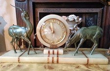 Art Déco 1930s S  Mantle Clock Antilopes ou Gazelles Régule & Marbre 25" Long 