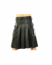 MEN'S GENUINE BLACK REAL LEATHER PLEATED KILT GLADIATOR SCOTTISH COSTUME LGBTQ