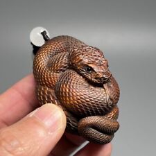 2.4-in Vintage Japanese Netsuke Old Boxwood Carved Lucky Snake Statue Ornament