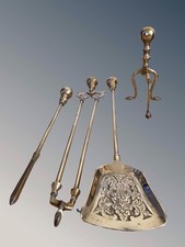 Set of Antique Victorian Brass Fire Irons FireSide Tools Shovel Poker Tongs&rest