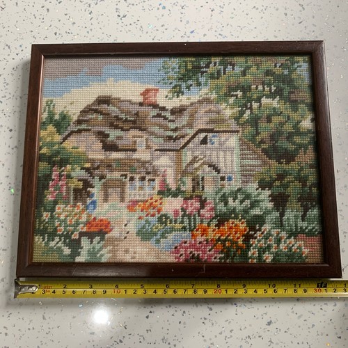 Framed cottage needlepoint - cottage,