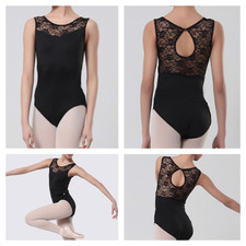 Ballet Leotard.Black Lace Bodysuit.Dance wear.Gymnastics 8-9,10-11,12-13,14-15 Y