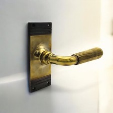 Pair Aged Brass Reeded Mortice Lever Door Handles on Back Plate Solid Antique