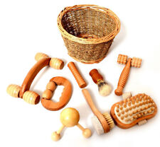 Wooden Sensory Massage Set-8 Pieces, Body Roller, Tripod, Brush,Sponge in Basket