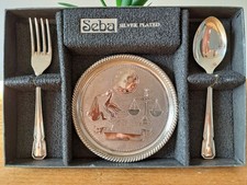 Vintage Seba Silver Plated Christening Data Tray, Spoon And Fork Gift Set