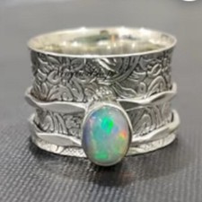 925 Sterling Silver Opal Spinner Ring Handmade Jewelry Gift For Wedding C-452
