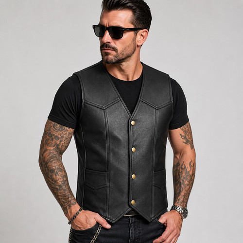 Mens leather biker - leather, vest