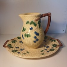 Tiffany & Co. Platter Pitcher Yellow Basket Weave Blackberries Portugal Majolica