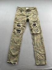Smoke Rise Jeans Mens 34x34 Green Camo Distressed Moto Biker Ripped Paint Spots